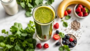 Healthy green smoothie with fresh fruit and chia seeds The Smoothie Diet replaces 2 meals a day with nutrient-dense, fat-burning smoothies.