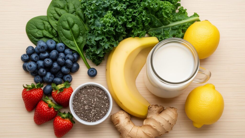 Fresh smoothie ingredients laid out on a wooden table - spinach, kale, berries, banana, chia seeds, almond milk