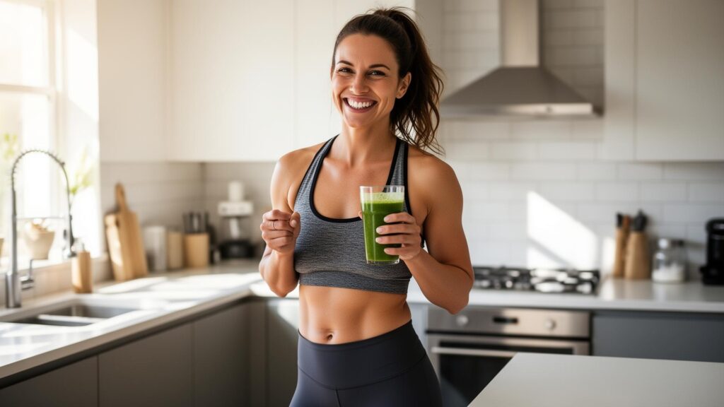 A happy fit woman holding a green smoothie in a bright modern kitchen